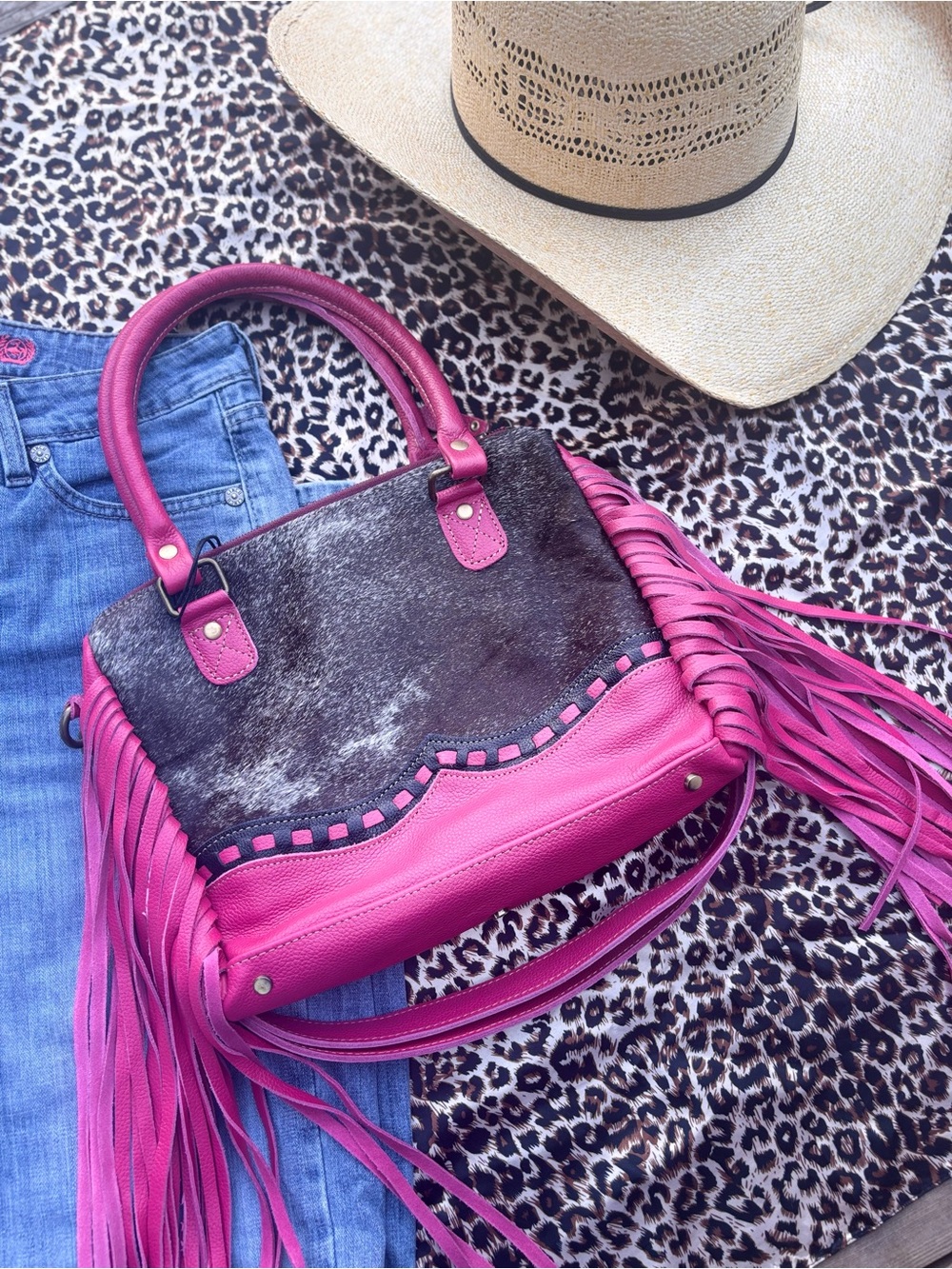 Hot Pink Fringe Satchel Bag with Haircalf Panel